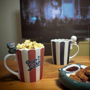 爆米花貓咪陶瓷杯 紅色+藍色